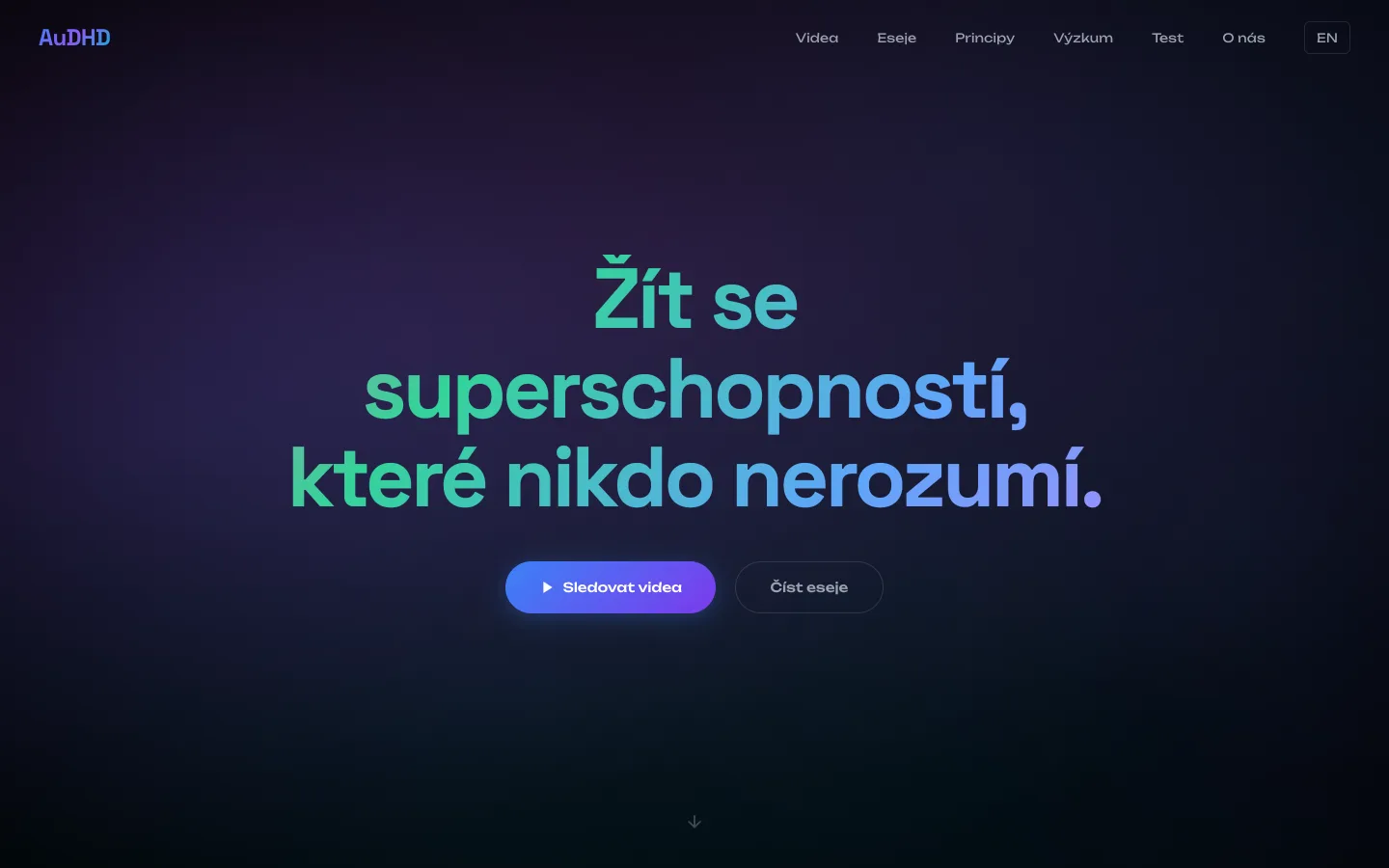audhd.cz homepage, in Czech: 'Žít se superschopností, které nikdo nerozumí', with links to videos and essays.