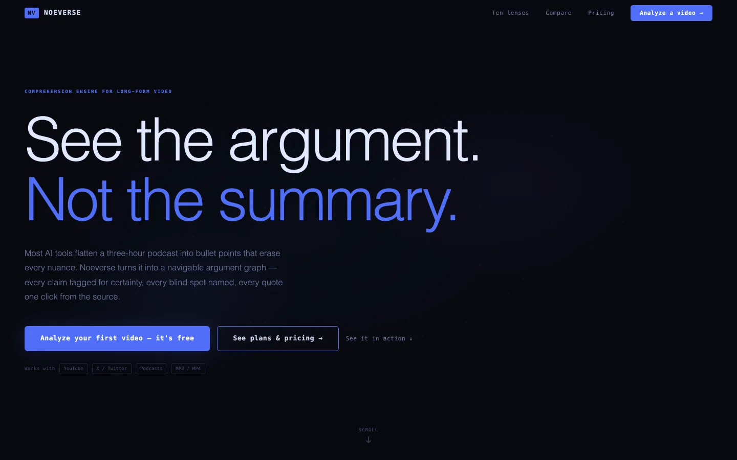 Noeverse landing page: 'See the argument. Not the summary.', a comprehension engine for long-form video.
